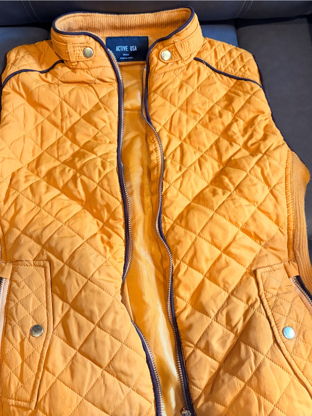Active USA Quilted yellow woman’s Puffer Vest with Contrast brown Trim